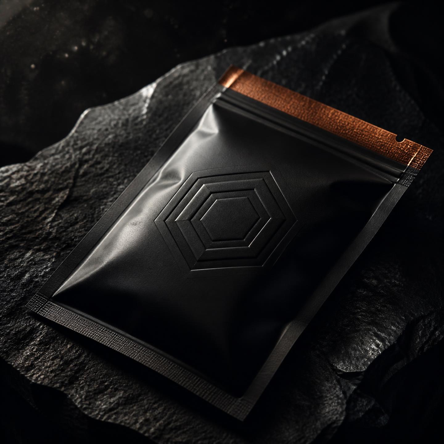 Sealed DISME RIPZ bag with copper tear-strip resting on dark stone