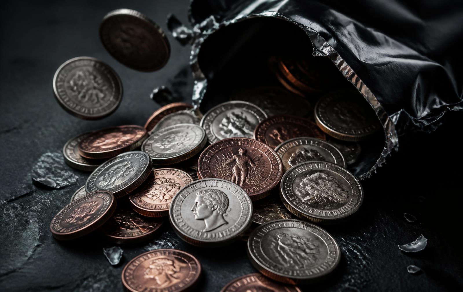 Certified coins spilling out of a torn DISME RIPZ bag
